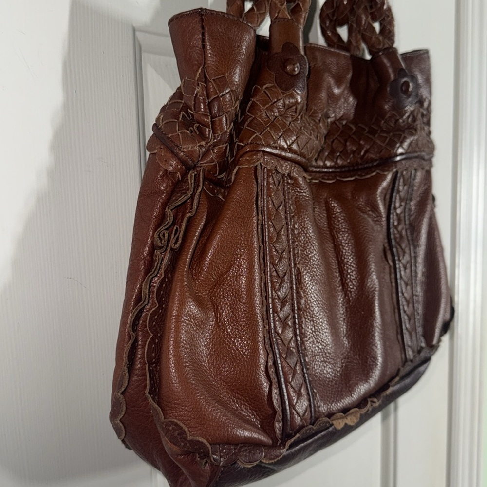 Elliott Luca Brown Pebbled Leather w/ Woven Details Everyday Medium Size Handbag - Picture 4 of 12